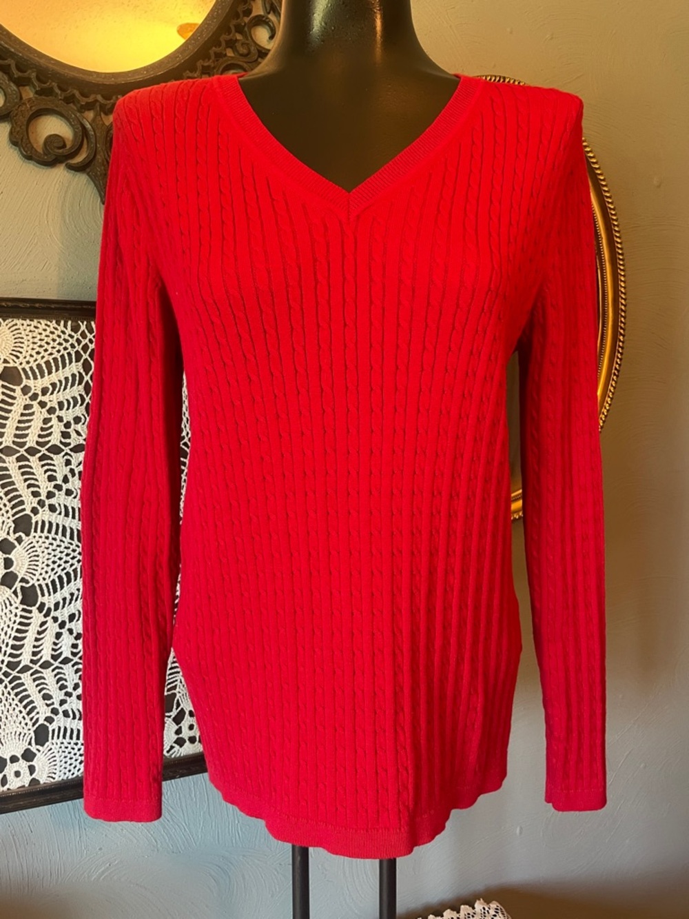 Tommy Hilfiger Red Cable Knit V-Neck Sweater
